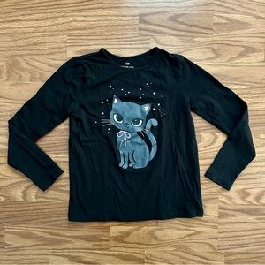 H&M Girls Size 8-10 Long Sleeve Shirt Black Cat Halloween Cotton Blend EUC!